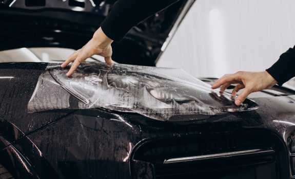 Male worker wrapping car with ptotective foil